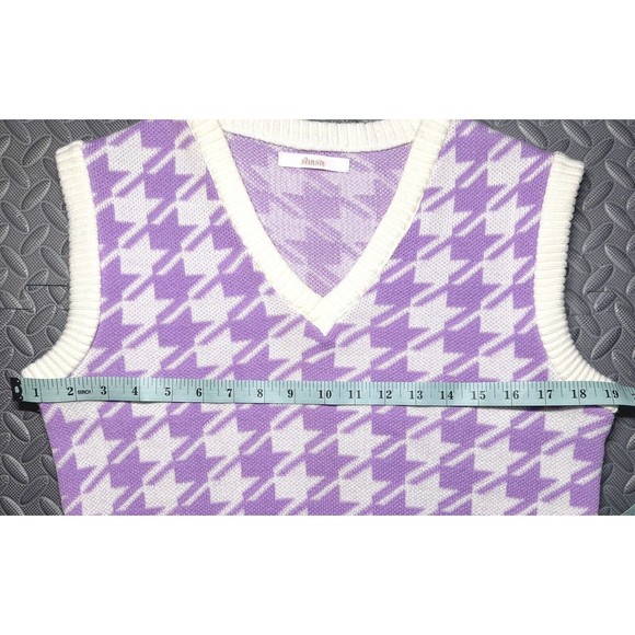 Sasha V Neck Houndstooth Pattern Lilac Sweater Preppy acrylic crop Vest Y2K Sz L - Picture 5 of 9